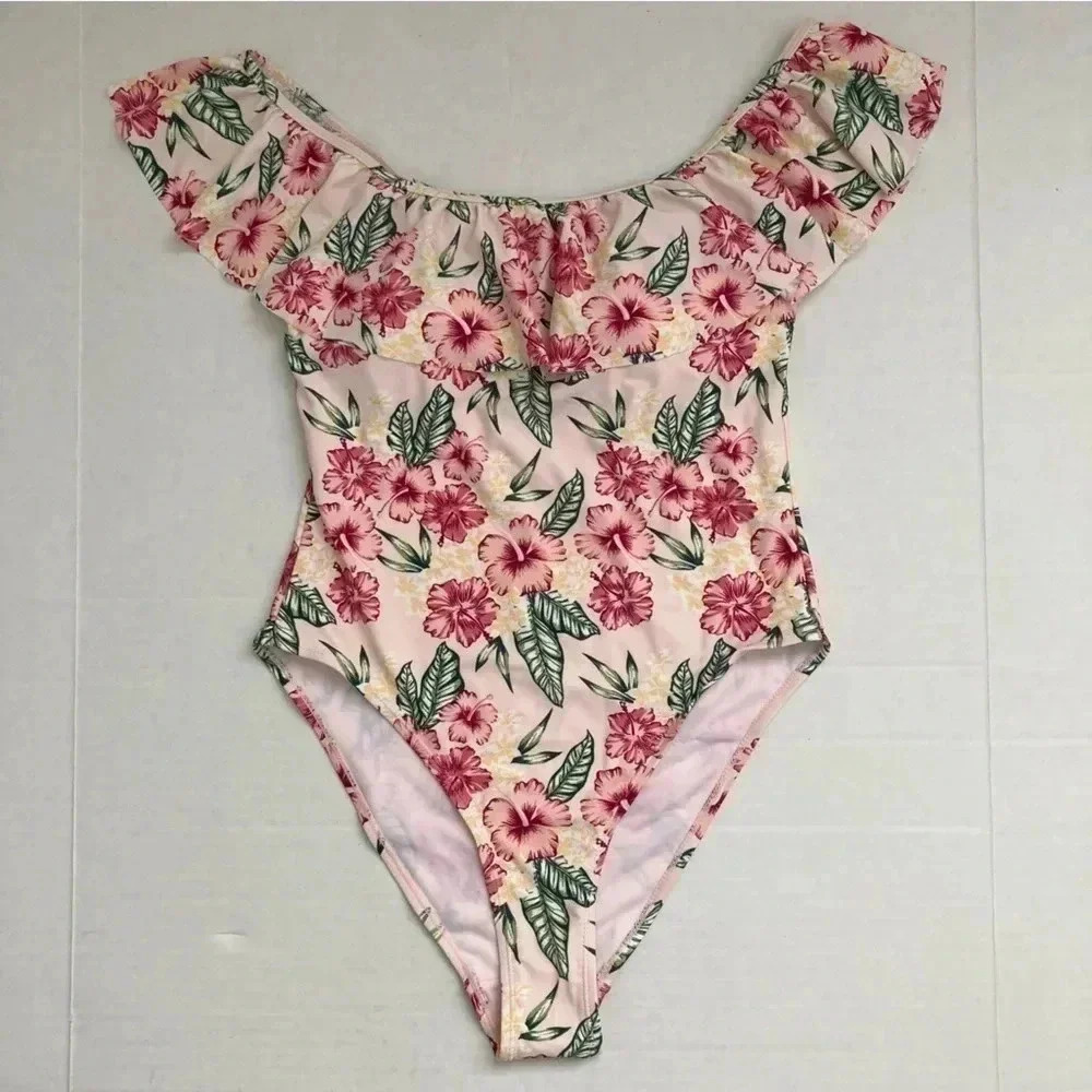 NWT $98 CABANA DEL SOL pink floral Ruffle swim Large